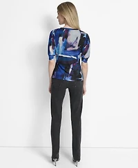 Dkny Women's Printed Puff-Sleeve Ruched Top