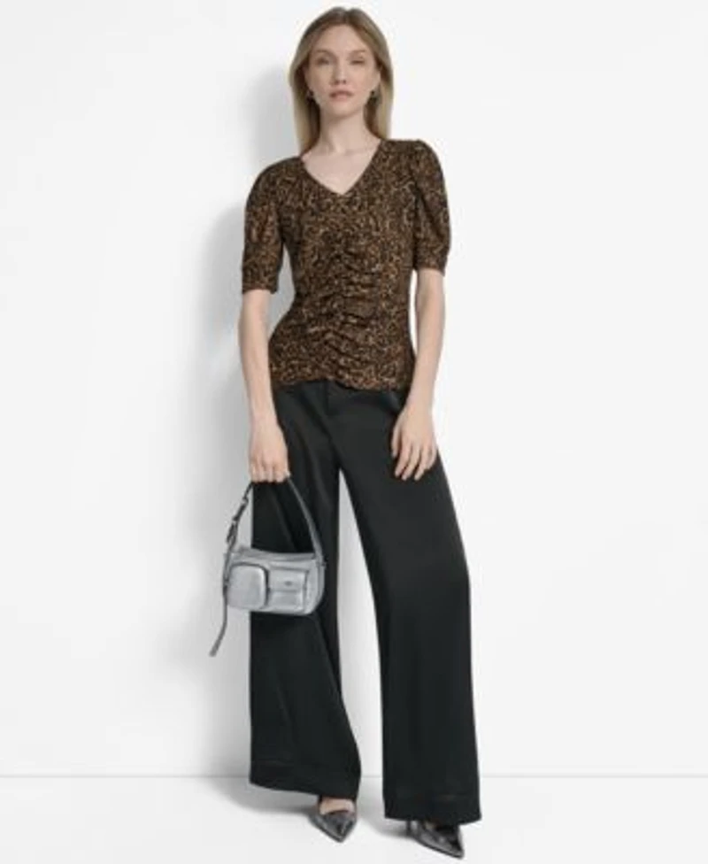 Dkny Womens Printed Puff Sleeve Ruched Top Glazed High Rise Seamed Cuff Wide Leg Pants