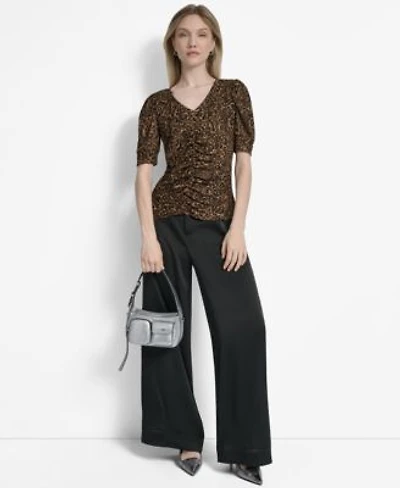 Dkny Womens Printed Puff Sleeve Ruched Top Glazed High Rise Seamed Cuff Wide Leg Pants