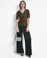 Dkny Womens Printed Puff Sleeve Ruched Top Glazed High Rise Seamed Cuff Wide Leg Pants