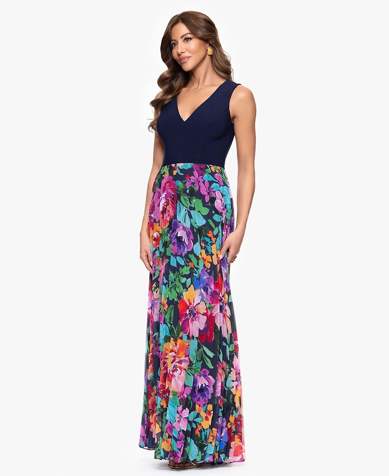 Xscape Women's V-Neck Printed-Skirt Gown