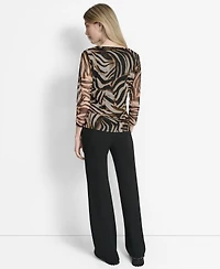 Dkny Women's 3/4-Sleeve Printed Mesh V-Neck Top