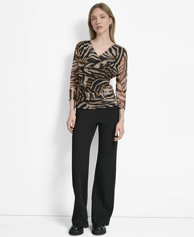 Dkny Women's 3/4-Sleeve Printed Mesh V-Neck Top