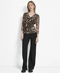 Dkny Women's 3/4-Sleeve Printed Mesh V-Neck Top