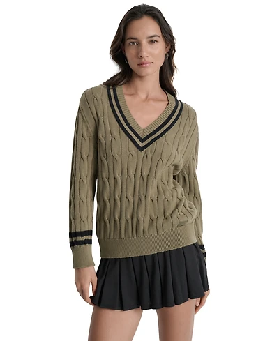 Dkny Sport Women's Cotton Cable Knit V-Neck Sweater