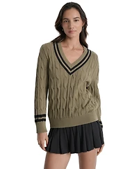 Dkny Sport Women's Cotton Cable Knit V-Neck Sweater