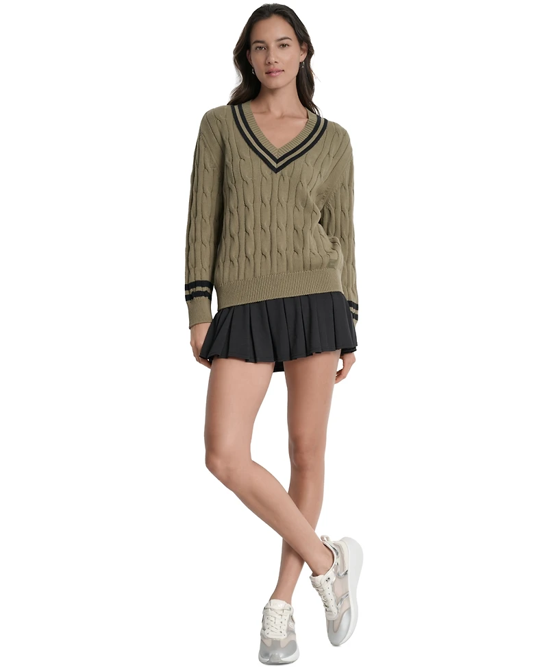 Dkny Sport Women's Cotton Cable Knit V-Neck Sweater
