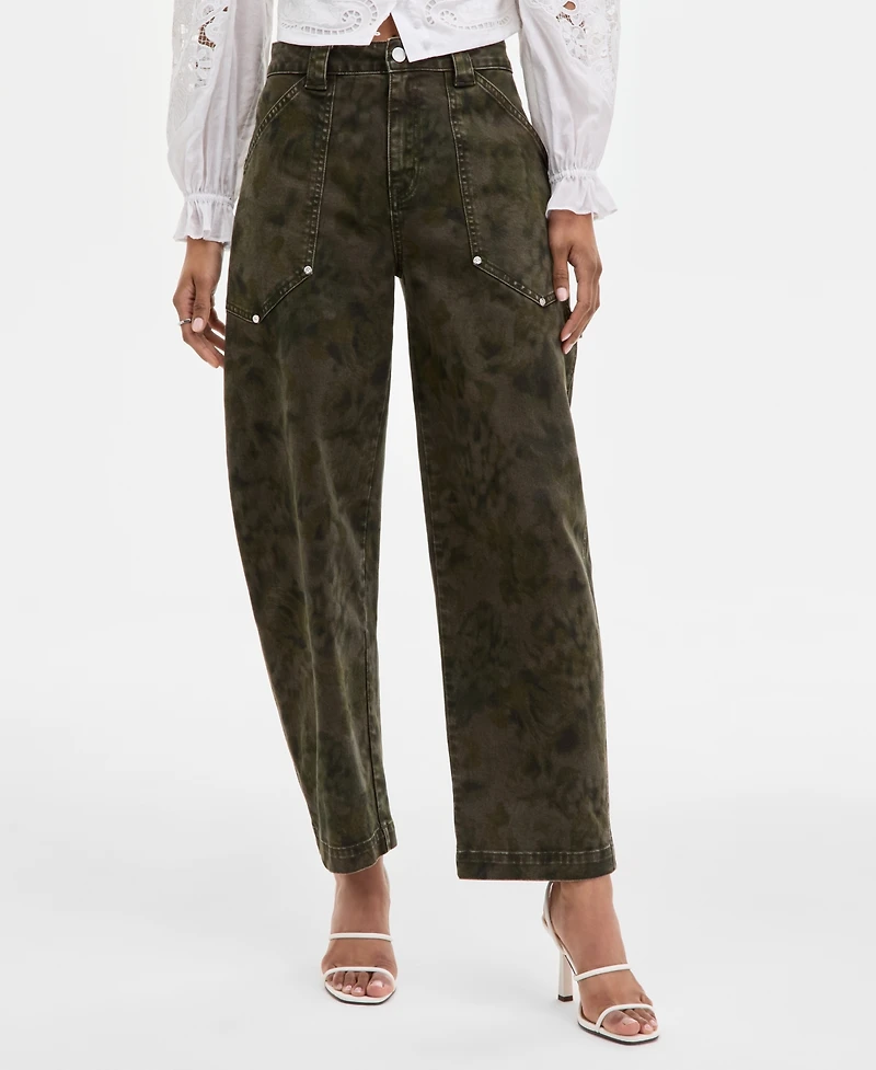 Avec Les Filles Women's Floral Print High Rise Barrel-Leg Pants
