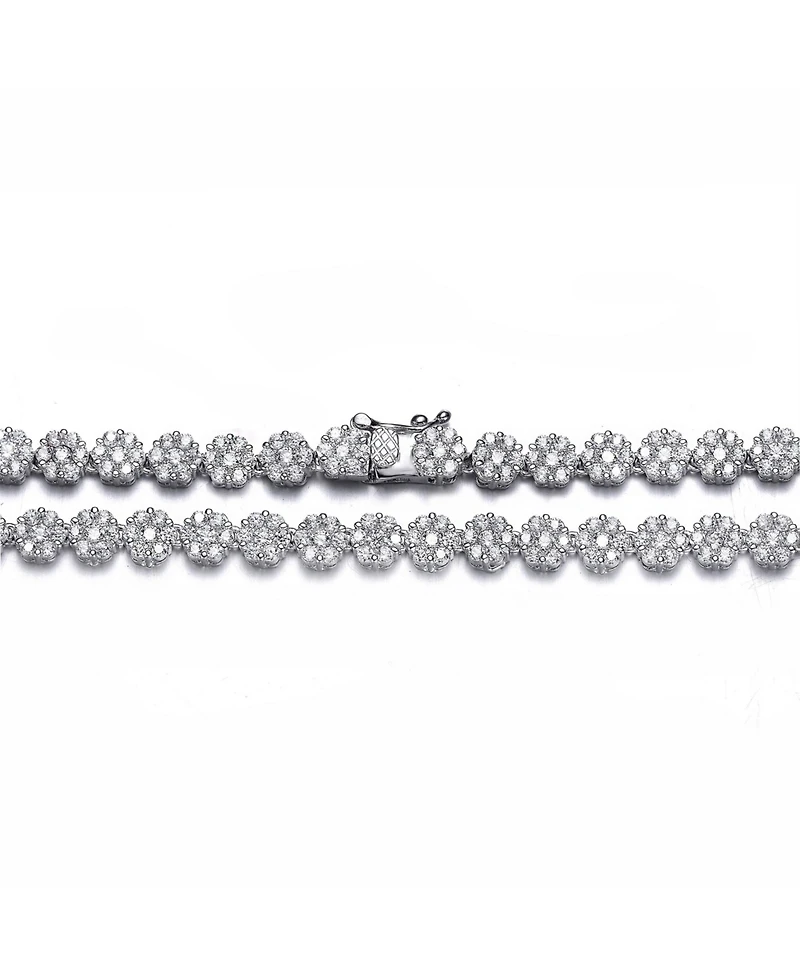 Sterling Silver with White Gold Plated Clear Round Cubic Zirconia Flower Design Tennis Necklace