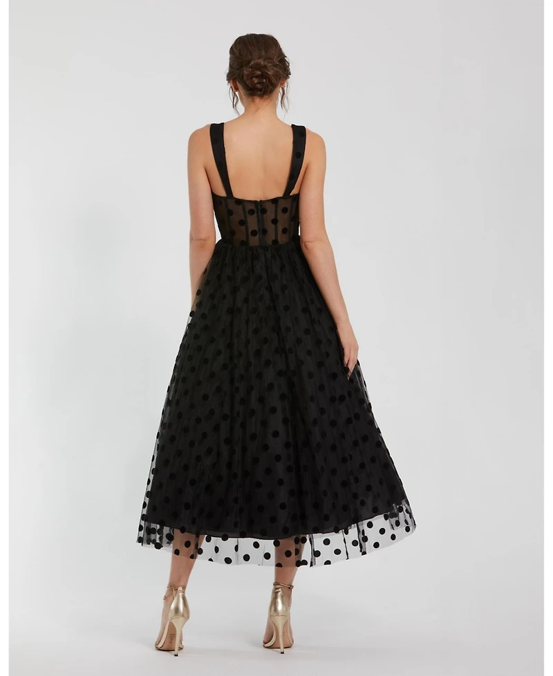 Mac Duggal Women's Polka Dot Net Bustier A-Line Midi Dress