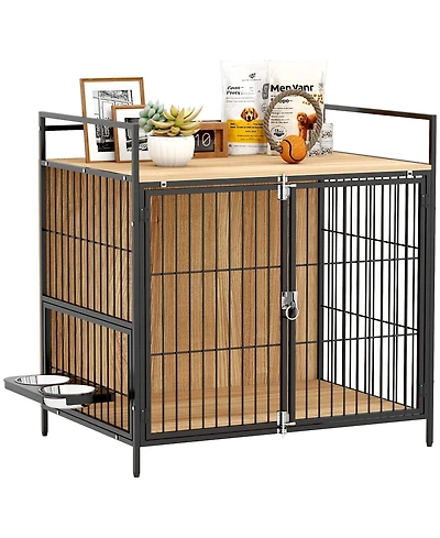 PawHut Dog Crate Furniture 30 in Dog Kennel Table with Rotatable Bowls,