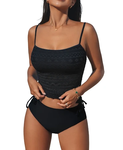 Cupshe Women's Mesh Adjustable Spaghetti Straps Drawstring Tankini Sets