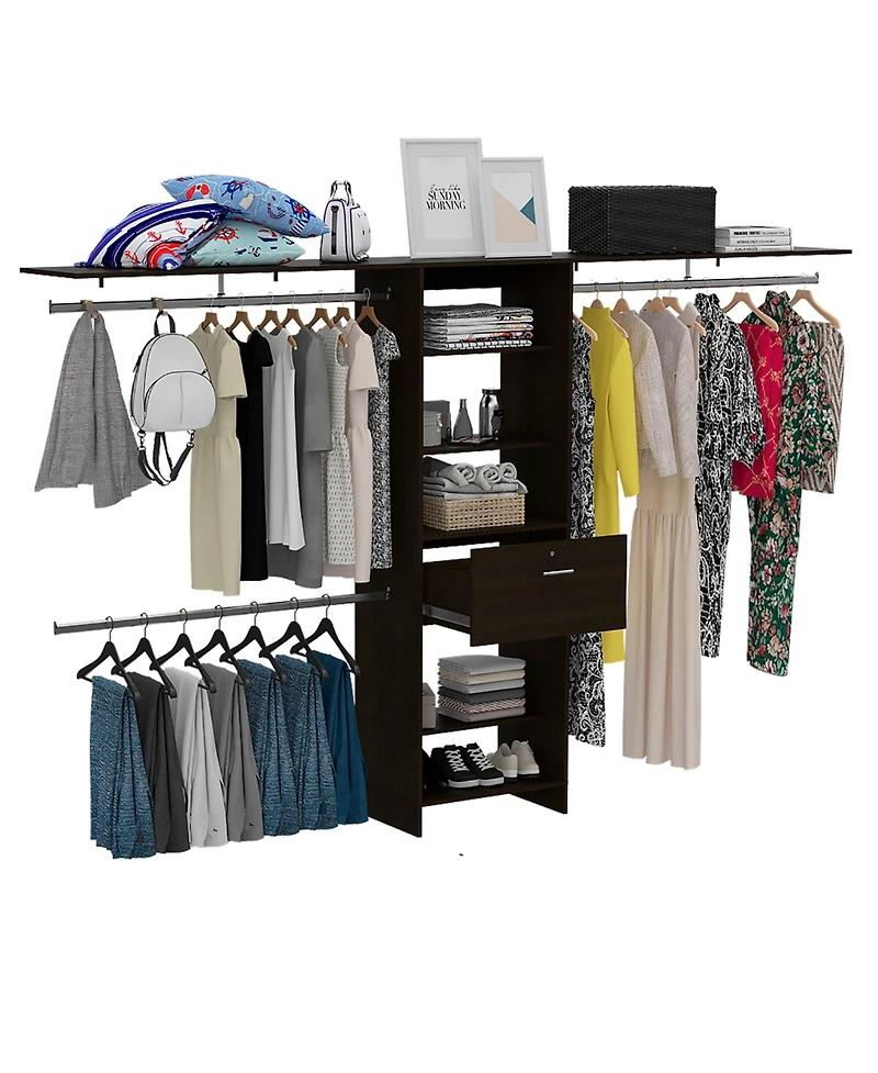 Zamora 70"W - 118"W Closet System, Three Hanging Rods, Five Shelves, One Drawer, Black