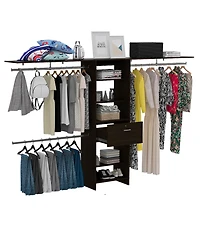 Zamora 70"W - 118"W Closet System, Three Hanging Rods, Five Shelves, One Drawer, Black
