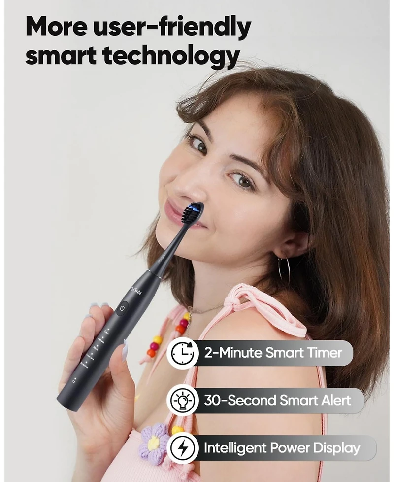 MySmile DY156 Sonic Electric Toothbrush for Adults, Rechargeable Battery Portable with 3 Brush Heads, 2 Mins 5 Modes Smart Timer, 45000VPM,