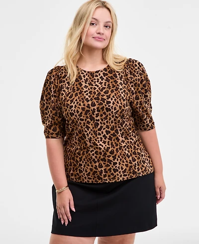 On 34th Trendy Plus Printed Ruched Puff-Sleeve Crewneck Top, Macy's Exclusive