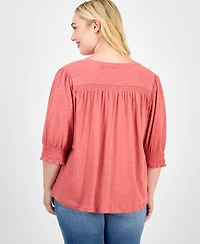 Democracy Trendy Plus Elbow-Sleeve Smocked-Cuff Blouse