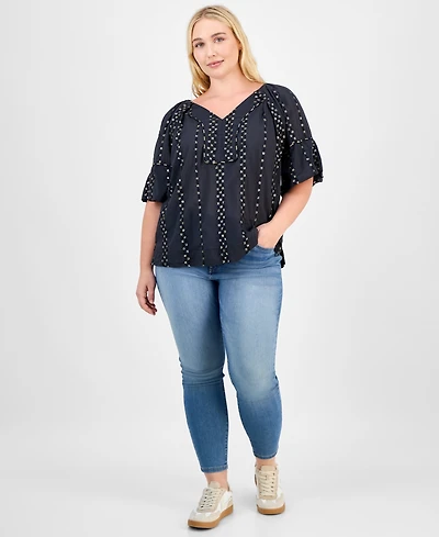 Democracy Trendy Plus Cotton Floral-Trim Bubble-Sleeve Blouse