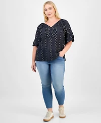 Democracy Trendy Plus Cotton Floral-Trim Bubble-Sleeve Blouse