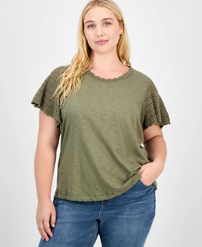 Democracy Trendy Plus Crochet Flutter-Sleeve Top