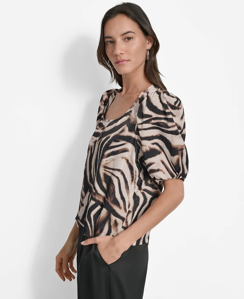 Dkny Women's Printed Satin Puff-Sleeve Zipper Top
