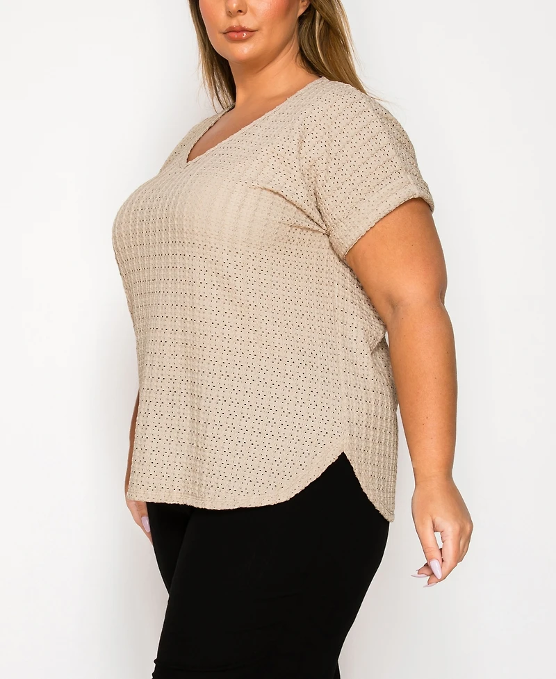 Coin 1804 Plus Size Eyelet Jersey V Neck Rolled Sleeve Top