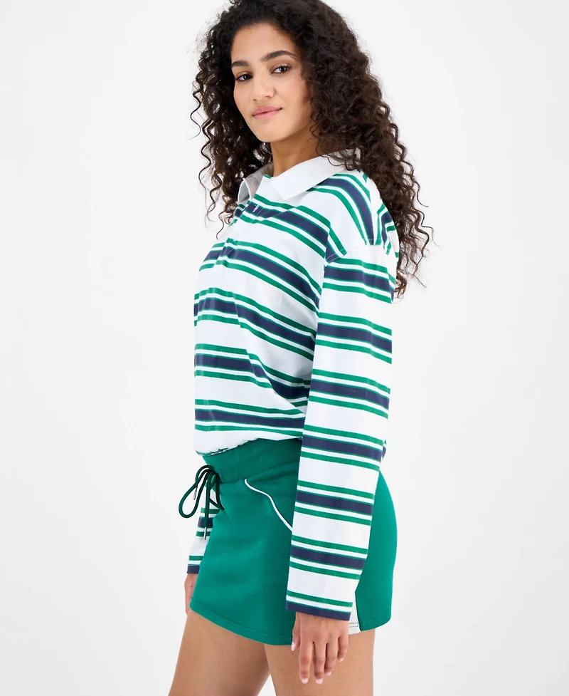 Madden Girl Juniors' Rugby Long-Sleeve Bubble-Hem Knit Top