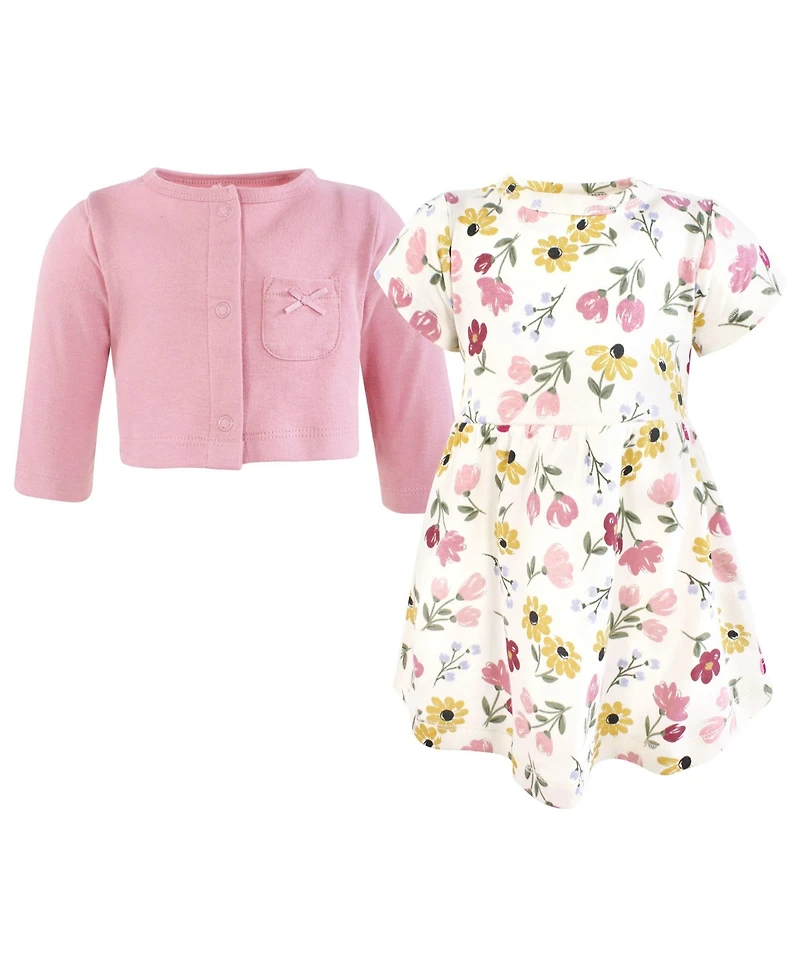 Hudson Baby Girls Cotton Dress and Cardigan Set, Soft Painted Floral