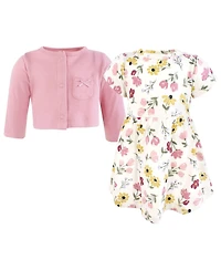Hudson Baby Girls Cotton Dress and Cardigan Set, Soft Painted Floral