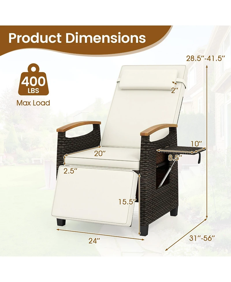 Gymax Patio Rattan Lounge Chair Pe Wicker Recliner w/ Adjustable Backrest & Footrest