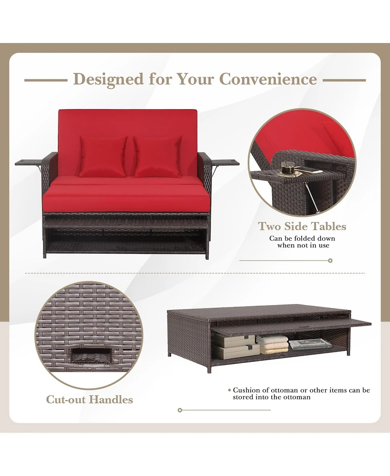 Gymax Rattan Loveseat Set Daybed Lounge w/ Storage Ottoman Side Tables Adjust Patio