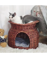 Bingopaw 2-Tier Elevated Cat Bed Wicker Ratten Cat Basket Cave W/ Soft Cushion
