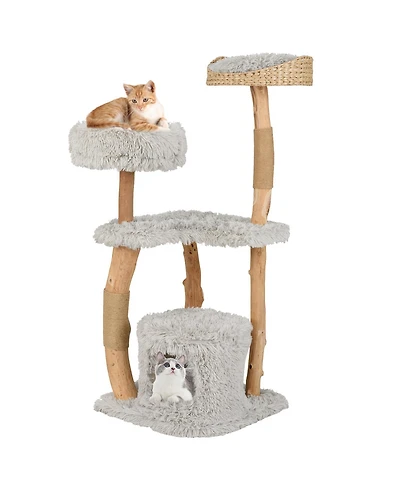 Solid Wood Cat Tower with Top Cattail Basket Cat Bed