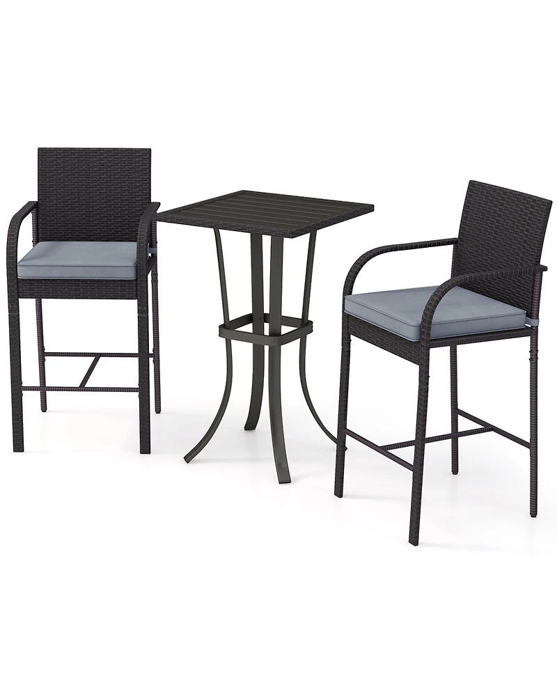 3-Piece Patio Wicker Rattan Bar Height Chairs and Square Table Set