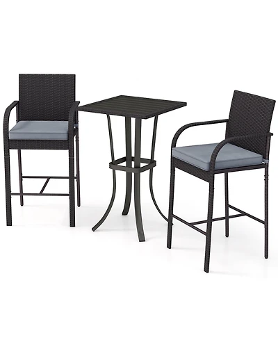 3-Piece Patio Wicker Rattan Bar Height Chairs and Square Table Set