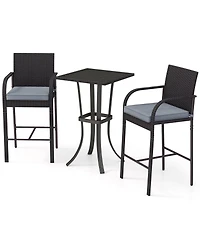3-Piece Patio Wicker Rattan Bar Height Chairs and Square Table Set