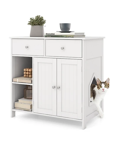 Hidden Cat Washroom Side Cabinet Wooden Pet House with 2 Drawers