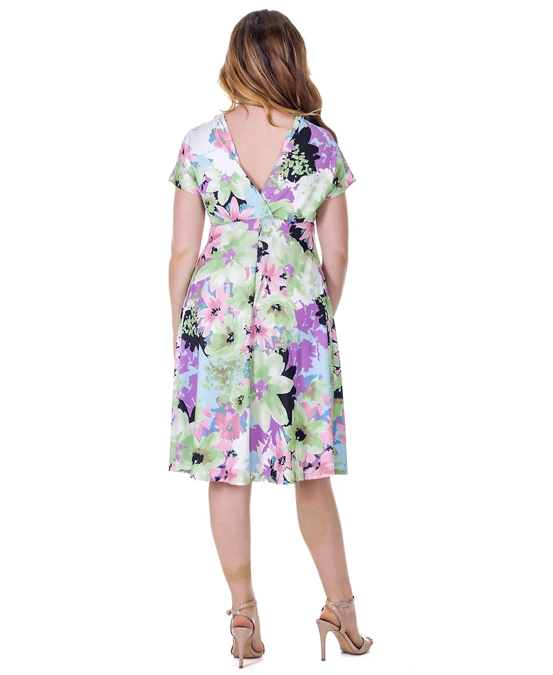 24seven Comfort Apparel Petite Floral Print Empire Waist Kimono Cap Sleeve Knee Length Dress