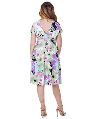24seven Comfort Apparel Petite Floral Print Empire Waist Kimono Cap Sleeve Knee Length Dress