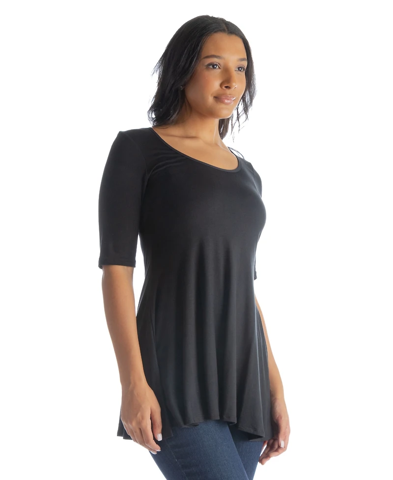 24seven Comfort Apparel Petite Elbow Sleeve Swing Crew Neck Tunic Top