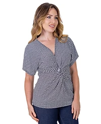 24seven Comfort Apparel Petite V-Neck Geometric Print Front Kimono Sleeve Top