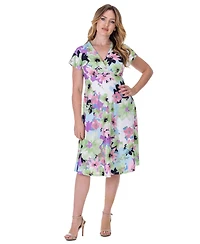 24seven Comfort Apparel Petite Floral Print Empire Waist Kimono Cap Sleeve Knee Length Dress