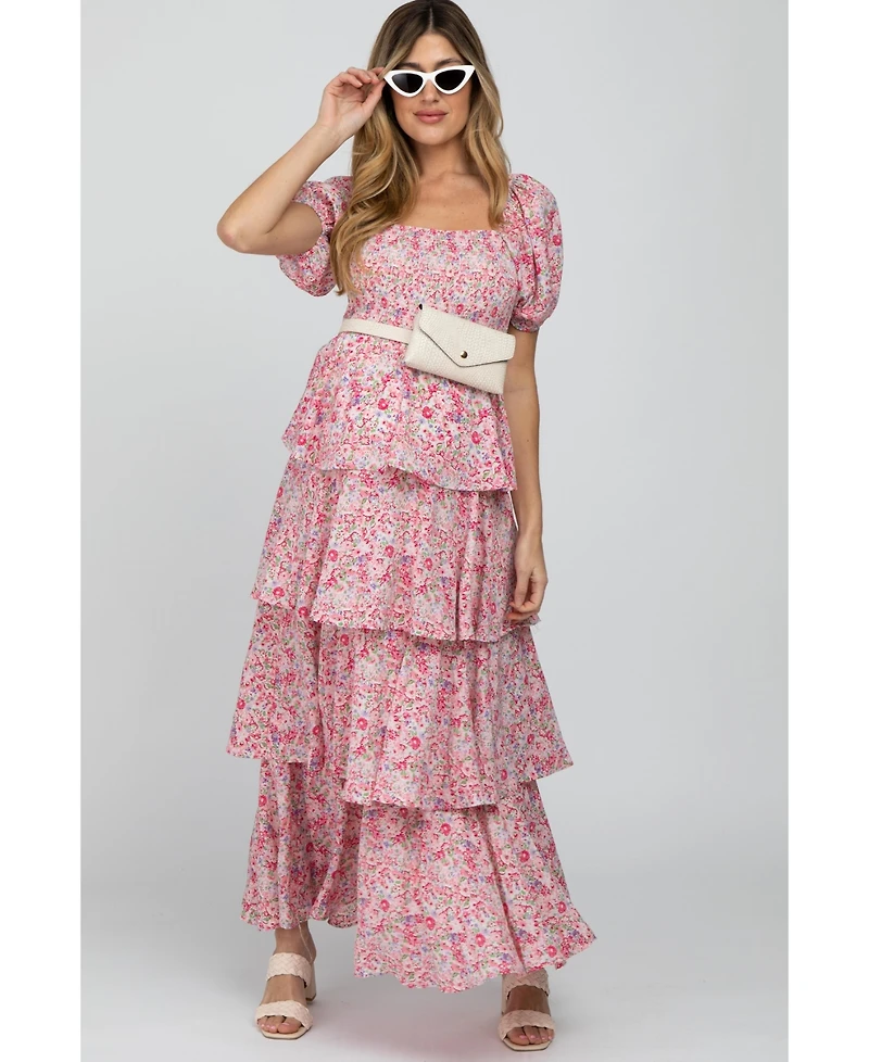 Pinkblush Maternity Pink Floral Square Neck Ruffle Layered Maxi Dress