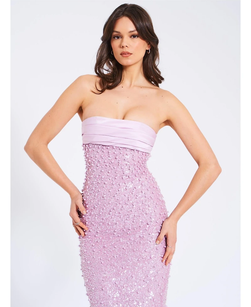 Miss Circle Women's Lainey Purple Satin Sequin Pearls Beaded Maxi Dress