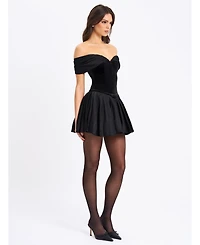 Miss Circle Women's Echo Black Velvet Off-shoulder Pleated Mini Dress