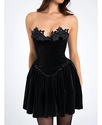 Miss Circle Women's Nora Black Velvet Drop Waist Corset Puffy Mini Dress with Lace Trim