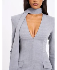 Miss Circle Women's Tahlia Deep V Pinstripes Gray Blazer Dress with scarf collar