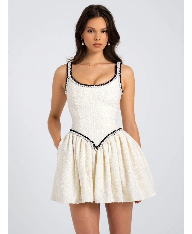 Miss Circle Women's Coco White Boucle Tweed V Waist Mini Dress
