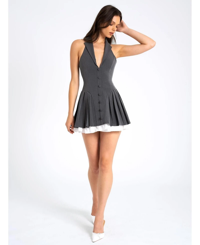 Miss Circle Women's Hazel Grey Preppy Halter Neck Pleated Mini Dress