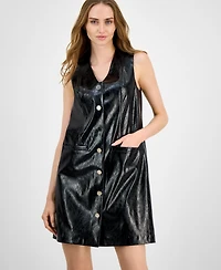 Anne Klein Women's Faux-Leather Vinyl Sleeveless Button-Down Dress